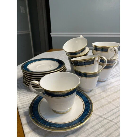 Royal Doulton Biltmore Blue Gold Rimmed Coffee Tea Cups & Saucers 18pc - Picture 2 of 12